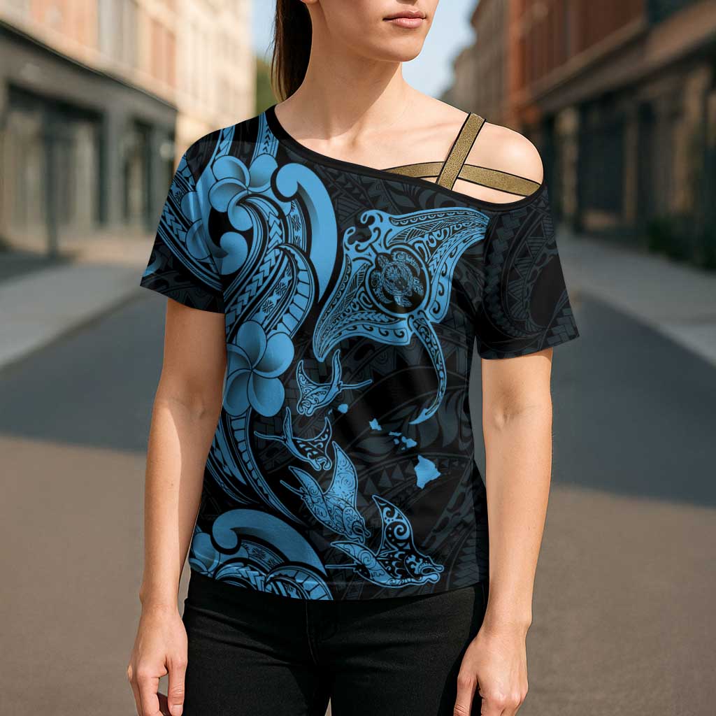 Hawaiian Manta Rays Cross Shoulder Shirt Tribal Hibiscus Polynesian Tattoos Blue Color - Polynesian Pride