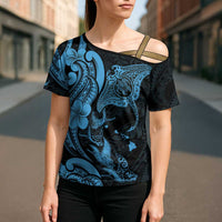 Hawaiian Manta Rays Cross Shoulder Shirt Tribal Hibiscus Polynesian Tattoos Blue Color - Polynesian Pride