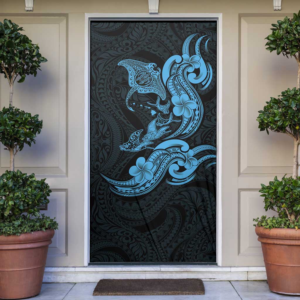 Hawaiian Manta Rays Door Cover Tribal Hibiscus Polynesian Tattoos Blue Color LT03 Blue - Polynesian Pride