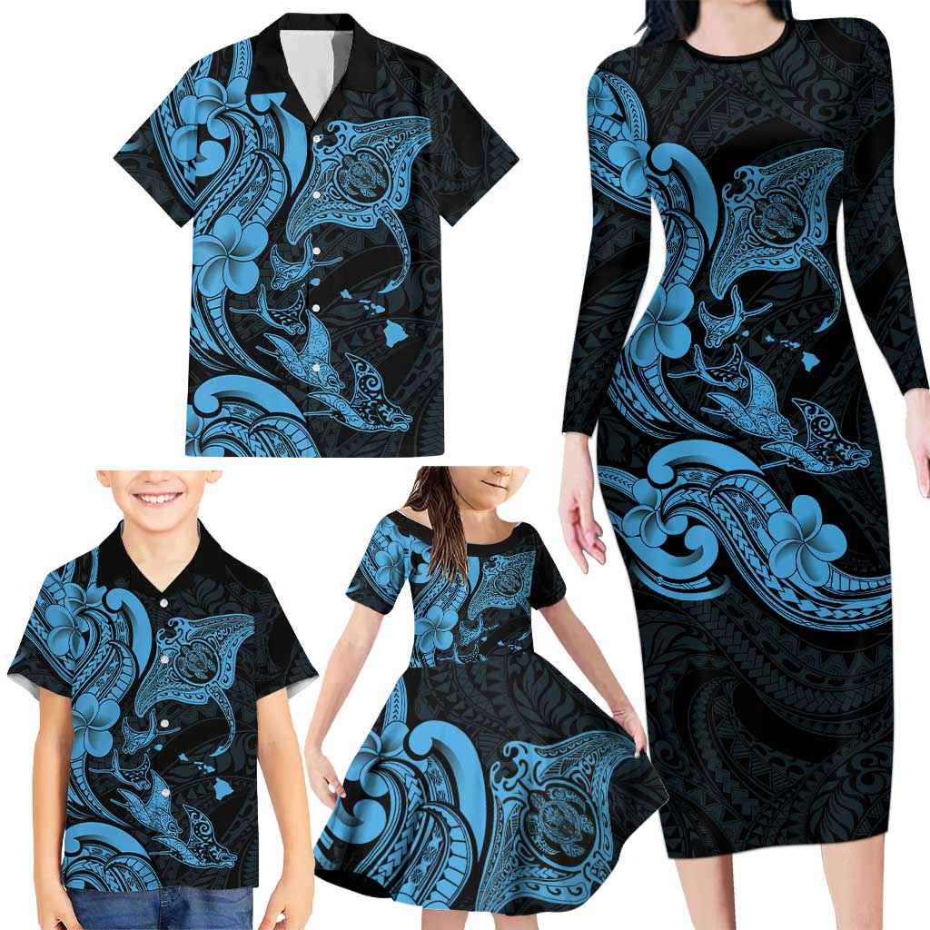 Hawaiian Manta Rays Family Matching Long Sleeve Bodycon Dress and Hawaiian Shirt Tribal Hibiscus Polynesian Tattoos Blue Color LT03 - Polynesian Pride