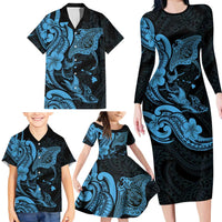 Hawaiian Manta Rays Family Matching Long Sleeve Bodycon Dress and Hawaiian Shirt Tribal Hibiscus Polynesian Tattoos Blue Color LT03 - Polynesian Pride
