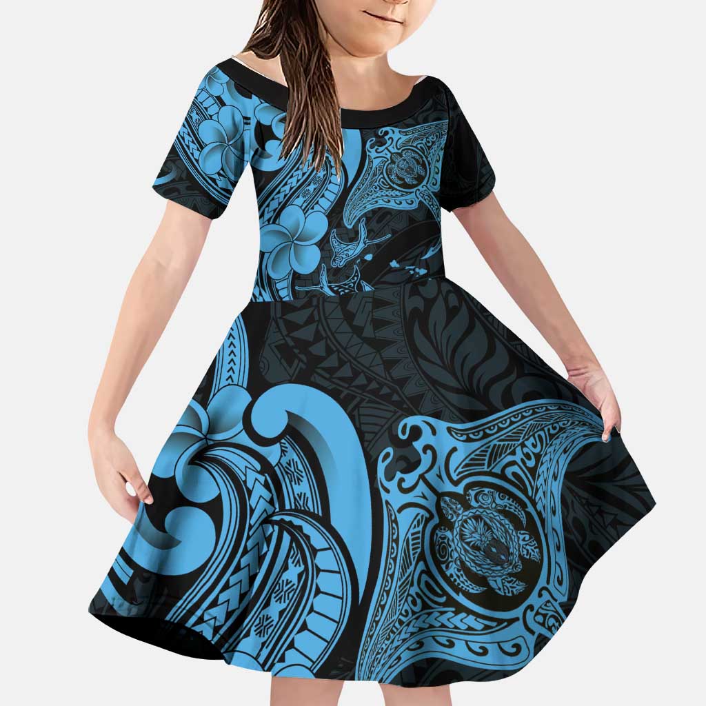 Hawaiian Manta Rays Family Matching Mermaid Dress and Hawaiian Shirt Tribal Hibiscus Polynesian Tattoos Blue Color LT03 Daughter's Dress Blue - Polynesian Pride