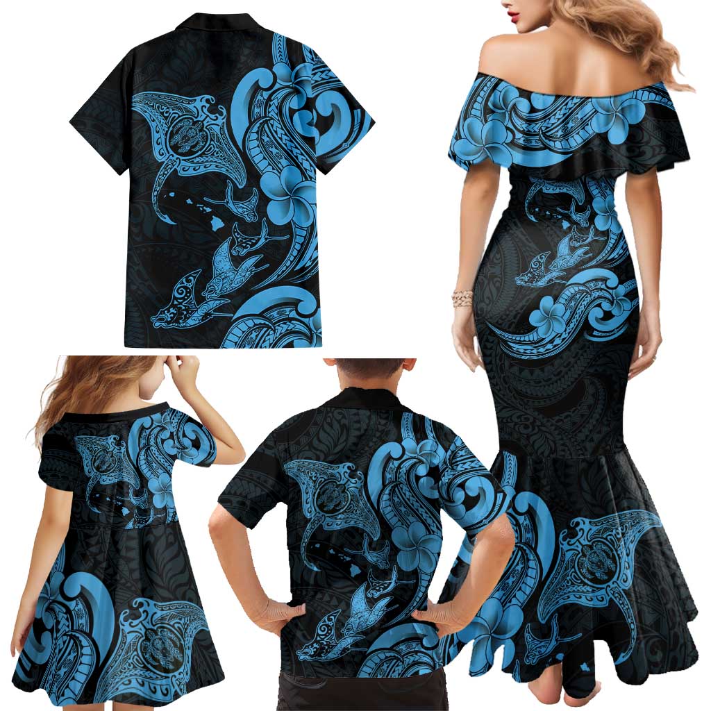 Hawaiian Manta Rays Family Matching Mermaid Dress and Hawaiian Shirt Tribal Hibiscus Polynesian Tattoos Blue Color LT03 - Polynesian Pride