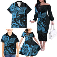 Hawaiian Manta Rays Family Matching Off The Shoulder Long Sleeve Dress and Hawaiian Shirt Tribal Hibiscus Polynesian Tattoos Blue Color LT03 - Polynesian Pride