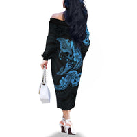 Hawaiian Manta Rays Family Matching Off The Shoulder Long Sleeve Dress and Hawaiian Shirt Tribal Hibiscus Polynesian Tattoos Blue Color LT03 - Polynesian Pride