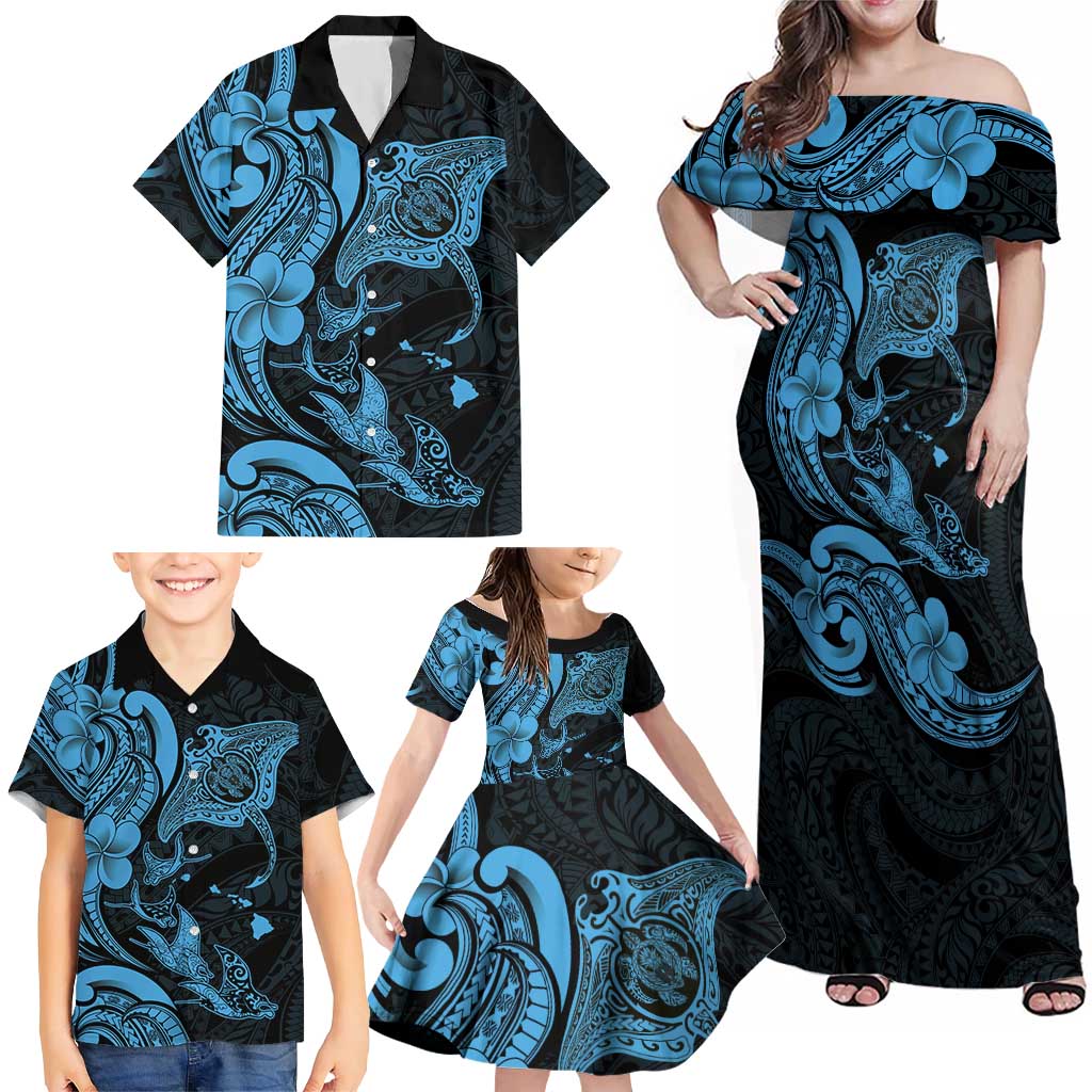 Hawaiian Manta Rays Family Matching Off Shoulder Maxi Dress and Hawaiian Shirt Tribal Hibiscus Polynesian Tattoos Blue Color - Polynesian Pride