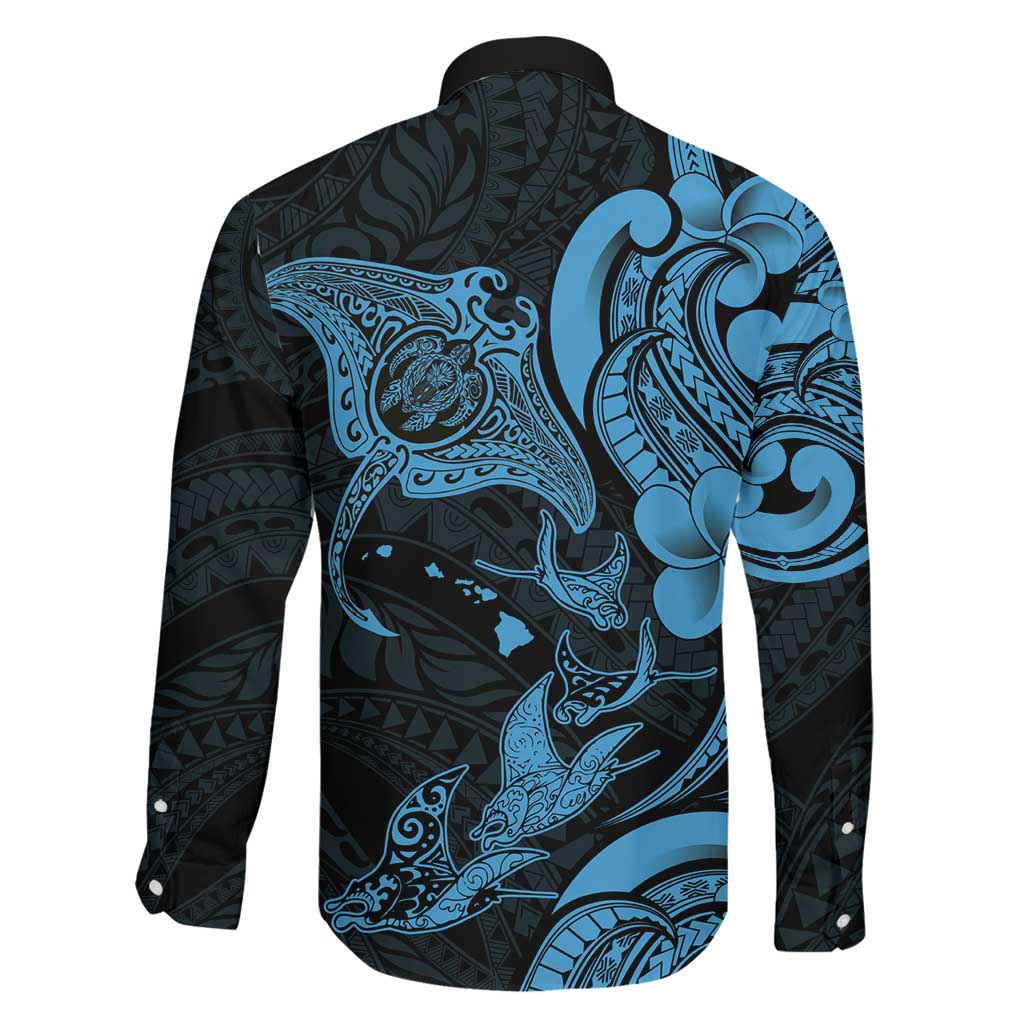 Hawaiian Manta Rays Family Matching Off Shoulder Maxi Dress and Hawaiian Shirt Tribal Hibiscus Polynesian Tattoos Blue Color LT03 - Polynesian Pride