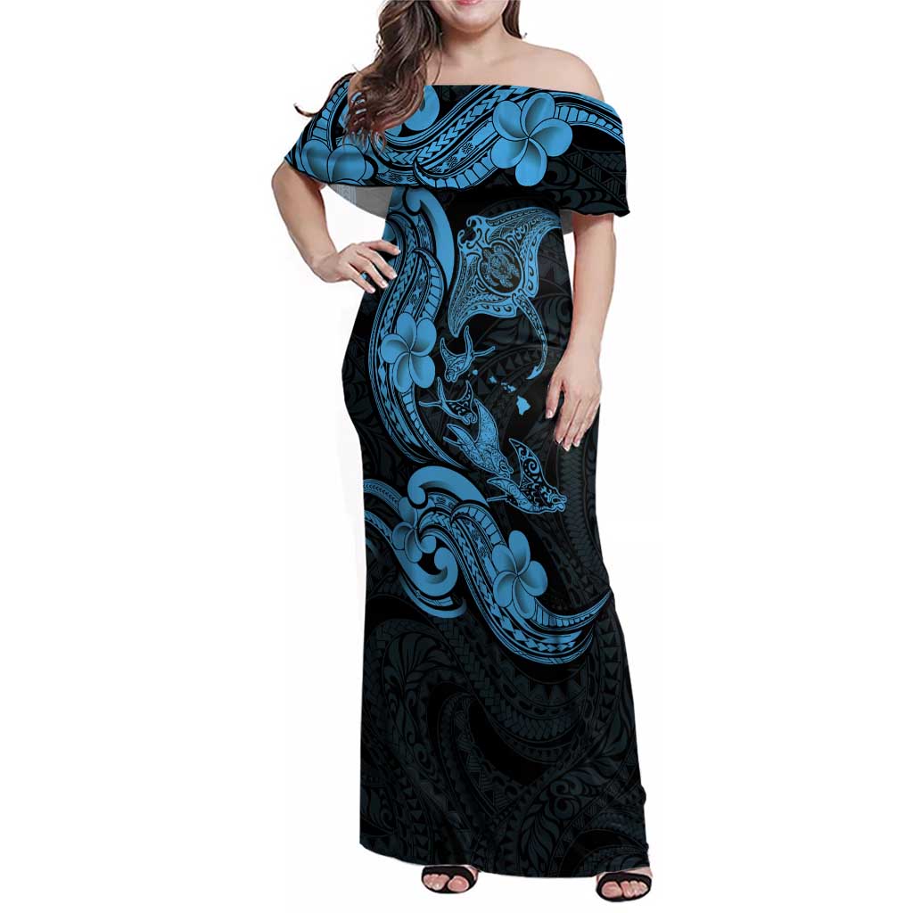 Hawaiian Manta Rays Family Matching Off Shoulder Maxi Dress and Hawaiian Shirt Tribal Hibiscus Polynesian Tattoos Blue Color LT03 Mom's Dress Blue - Polynesian Pride