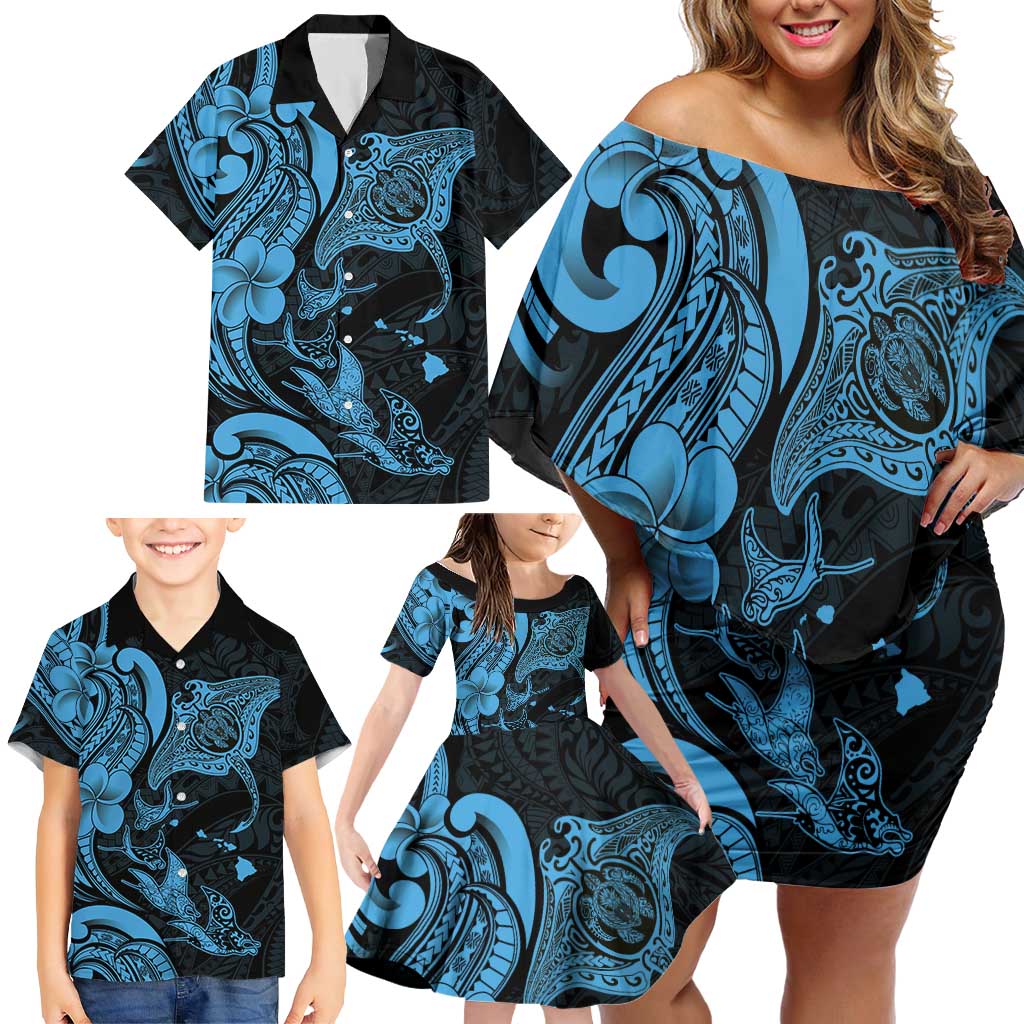 Hawaiian Manta Rays Family Matching Off Shoulder Short Dress and Hawaiian Shirt Tribal Hibiscus Polynesian Tattoos Blue Color LT03 - Polynesian Pride