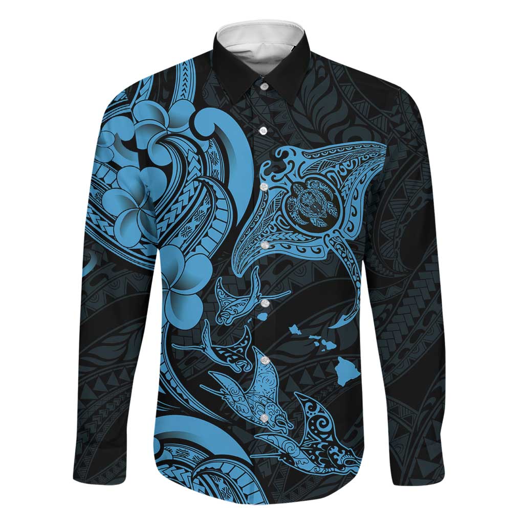 Hawaiian Manta Rays Family Matching Off Shoulder Short Dress and Hawaiian Shirt Tribal Hibiscus Polynesian Tattoos Blue Color LT03 Dad's Shirt - Long Sleeve Blue - Polynesian Pride
