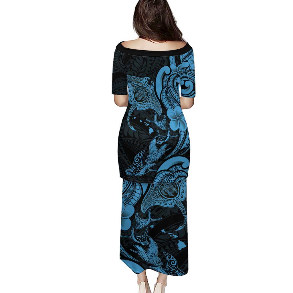 Hawaiian Manta Rays Family Matching Puletasi and Hawaiian Shirt Tribal Hibiscus Polynesian Tattoos Blue Color LT03 - Polynesian Pride