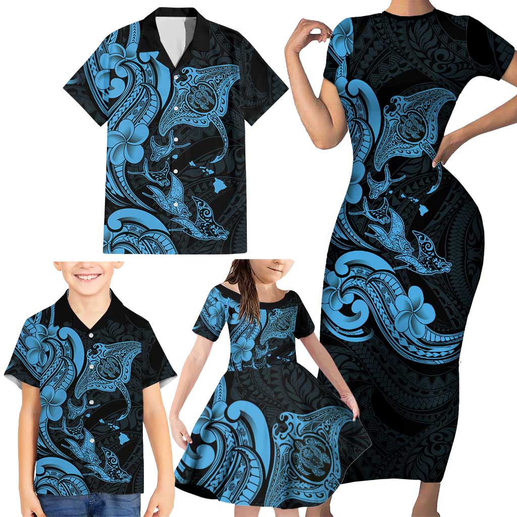 Hawaiian Manta Rays Family Matching Short Sleeve Bodycon Dress and Hawaiian Shirt Tribal Hibiscus Polynesian Tattoos Blue Color - Polynesian Pride