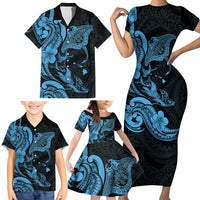 Hawaiian Manta Rays Family Matching Short Sleeve Bodycon Dress and Hawaiian Shirt Tribal Hibiscus Polynesian Tattoos Blue Color LT03 - Polynesian Pride