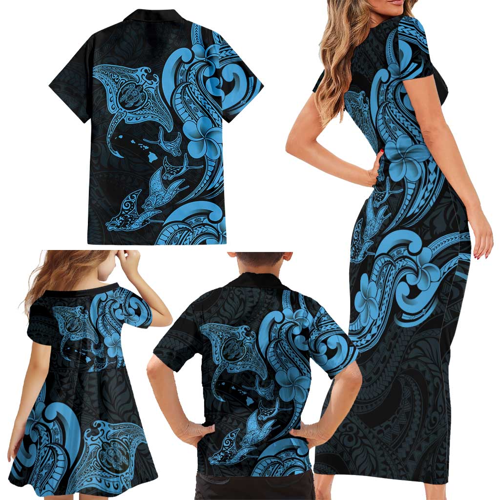 Hawaiian Manta Rays Family Matching Short Sleeve Bodycon Dress and Hawaiian Shirt Tribal Hibiscus Polynesian Tattoos Blue Color LT03 - Polynesian Pride