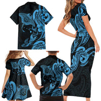 Hawaiian Manta Rays Family Matching Short Sleeve Bodycon Dress and Hawaiian Shirt Tribal Hibiscus Polynesian Tattoos Blue Color LT03 - Polynesian Pride