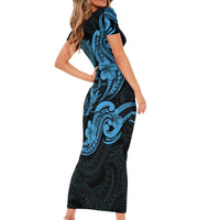 Hawaiian Manta Rays Family Matching Short Sleeve Bodycon Dress and Hawaiian Shirt Tribal Hibiscus Polynesian Tattoos Blue Color LT03 - Polynesian Pride