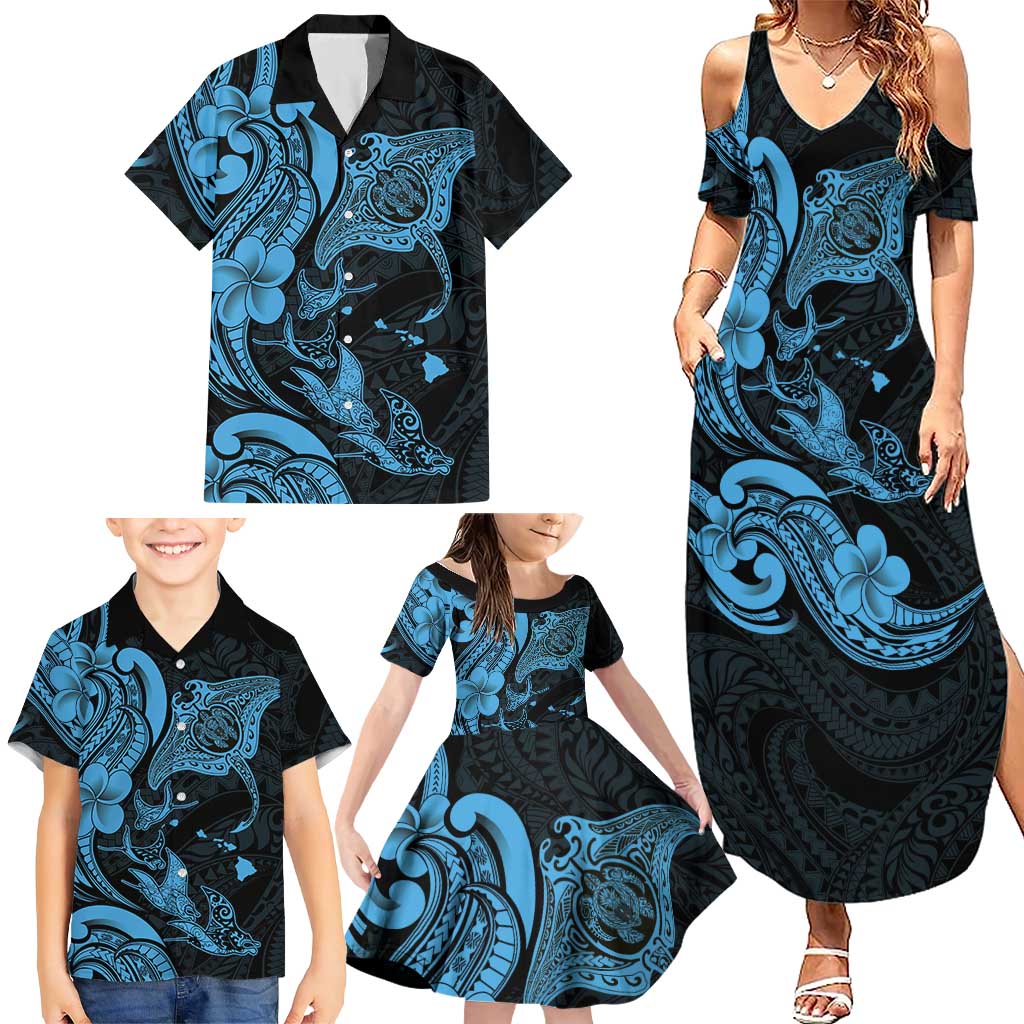 Hawaiian Manta Rays Family Matching Summer Maxi Dress and Hawaiian Shirt Tribal Hibiscus Polynesian Tattoos Blue Color - Polynesian Pride
