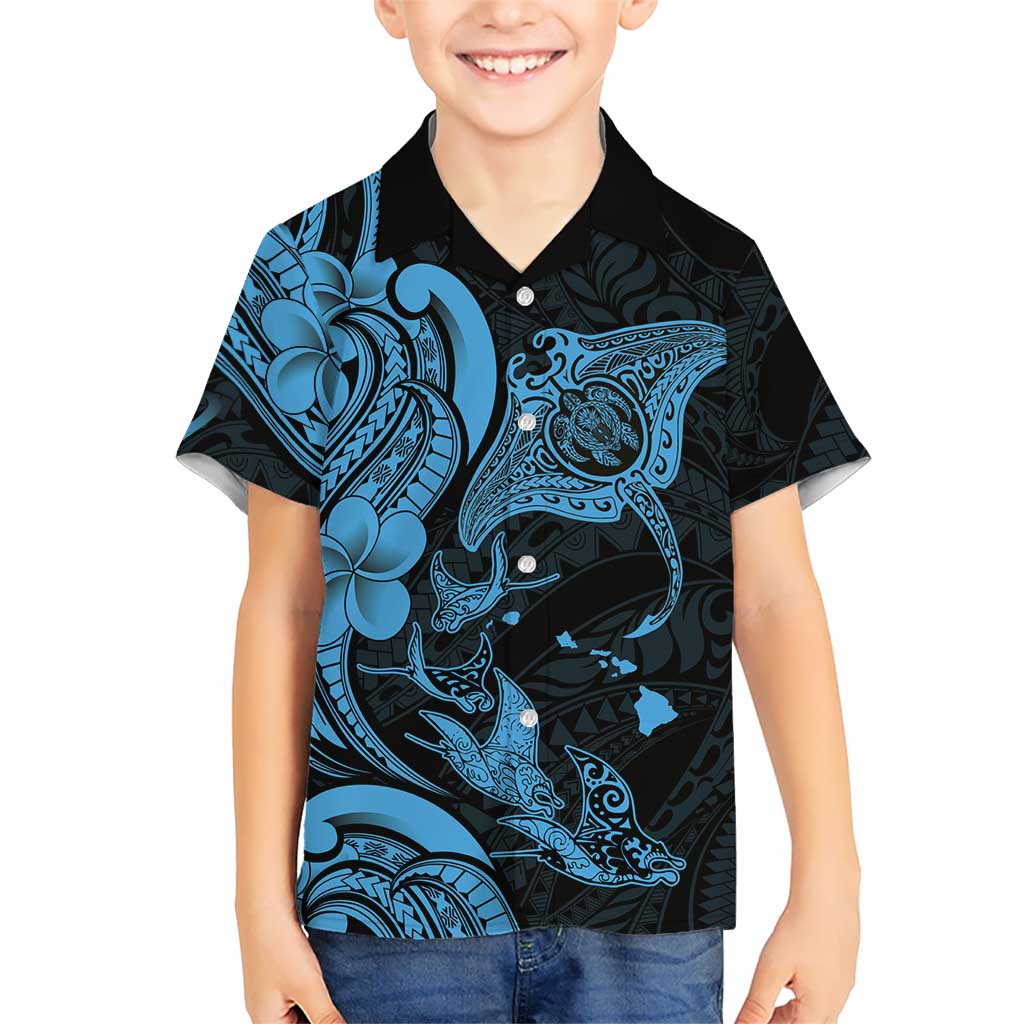 Hawaiian Manta Rays Family Matching Summer Maxi Dress and Hawaiian Shirt Tribal Hibiscus Polynesian Tattoos Blue Color LT03 Son's Shirt Blue - Polynesian Pride