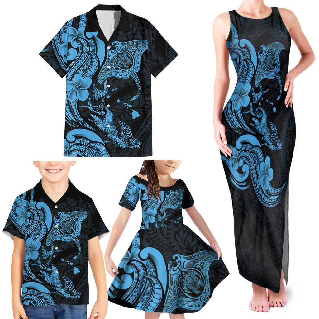 Hawaiian Manta Rays Family Matching Tank Maxi Dress and Hawaiian Shirt Tribal Hibiscus Polynesian Tattoos Blue Color LT03 - Polynesian Pride