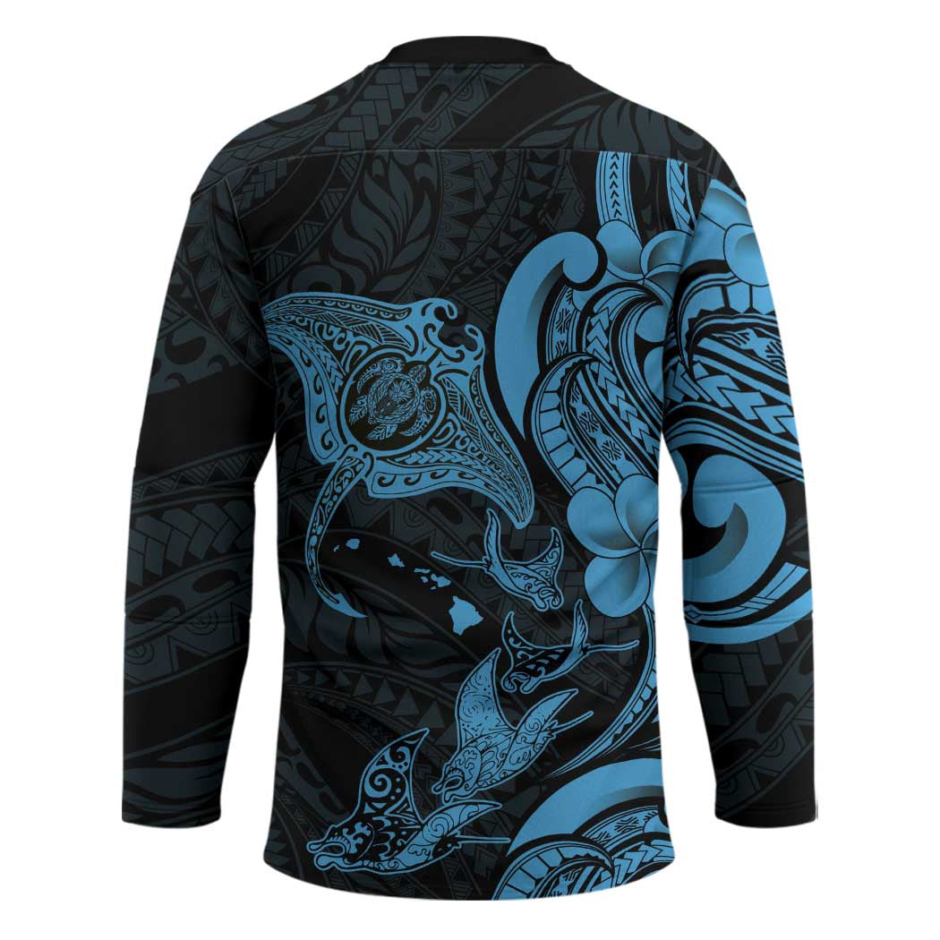 Hawaiian Manta Rays Hockey Jersey Tribal Hibiscus Polynesian Tattoos Blue Color - Polynesian Pride