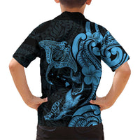 Hawaiian Manta Rays Kid Hawaiian Shirt Tribal Hibiscus Polynesian Tattoos Blue Color - Polynesian Pride