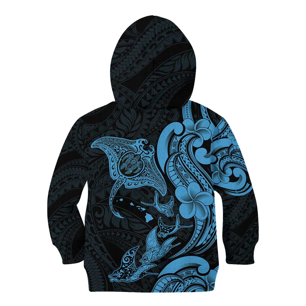 Hawaiian Manta Rays Kid Hoodie Tribal Hibiscus Polynesian Tattoos Blue Color - Polynesian Pride