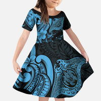 Hawaiian Manta Rays Kid Short Sleeve Dress Tribal Hibiscus Polynesian Tattoos Blue Color - Polynesian Pride