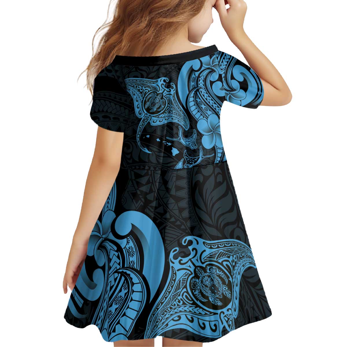 Hawaiian Manta Rays Kid Short Sleeve Dress Tribal Hibiscus Polynesian Tattoos Blue Color - Polynesian Pride