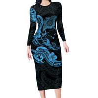 Hawaiian Manta Rays Long Sleeve Bodycon Dress Tribal Hibiscus Polynesian Tattoos Blue Color LT03 Long Dress Blue - Polynesian Pride