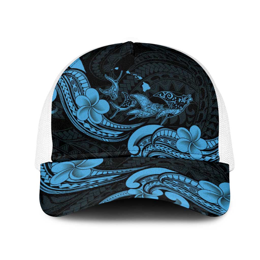 Hawaiian Manta Rays Mesh Trucker Cap Tribal Hibiscus Polynesian Tattoos Blue Color - Polynesian Pride