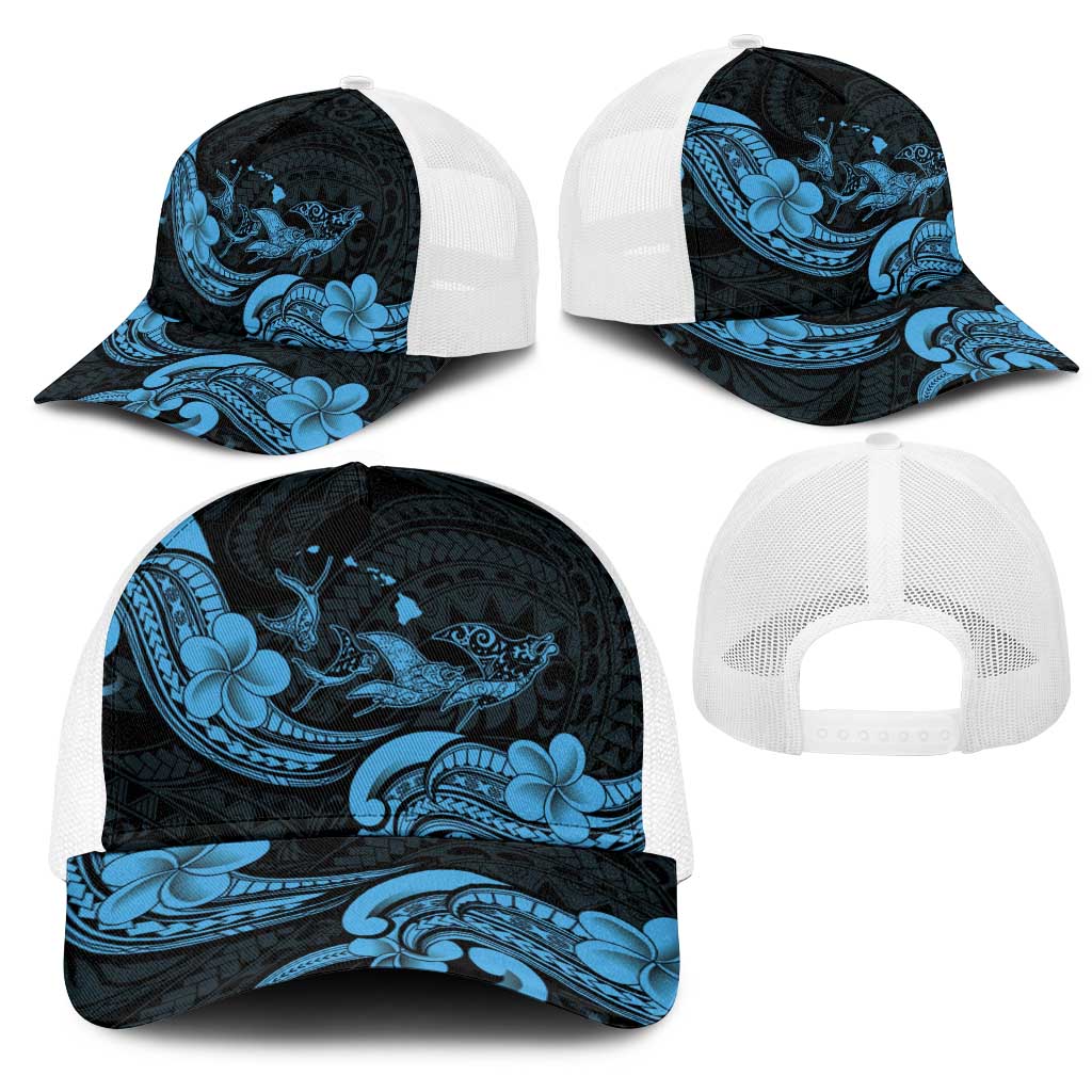 Hawaiian Manta Rays Mesh Trucker Cap Tribal Hibiscus Polynesian Tattoos Blue Color - Polynesian Pride