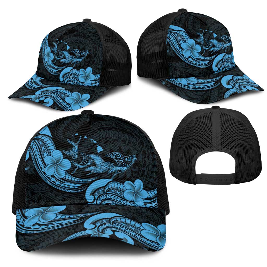 Hawaiian Manta Rays Mesh Trucker Cap Tribal Hibiscus Polynesian Tattoos Blue Color - Polynesian Pride