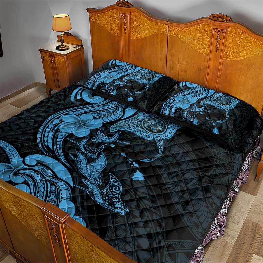 Hawaiian Manta Rays Quilt Bed Set Tribal Hibiscus Polynesian Tattoos Blue Color - Polynesian Pride
