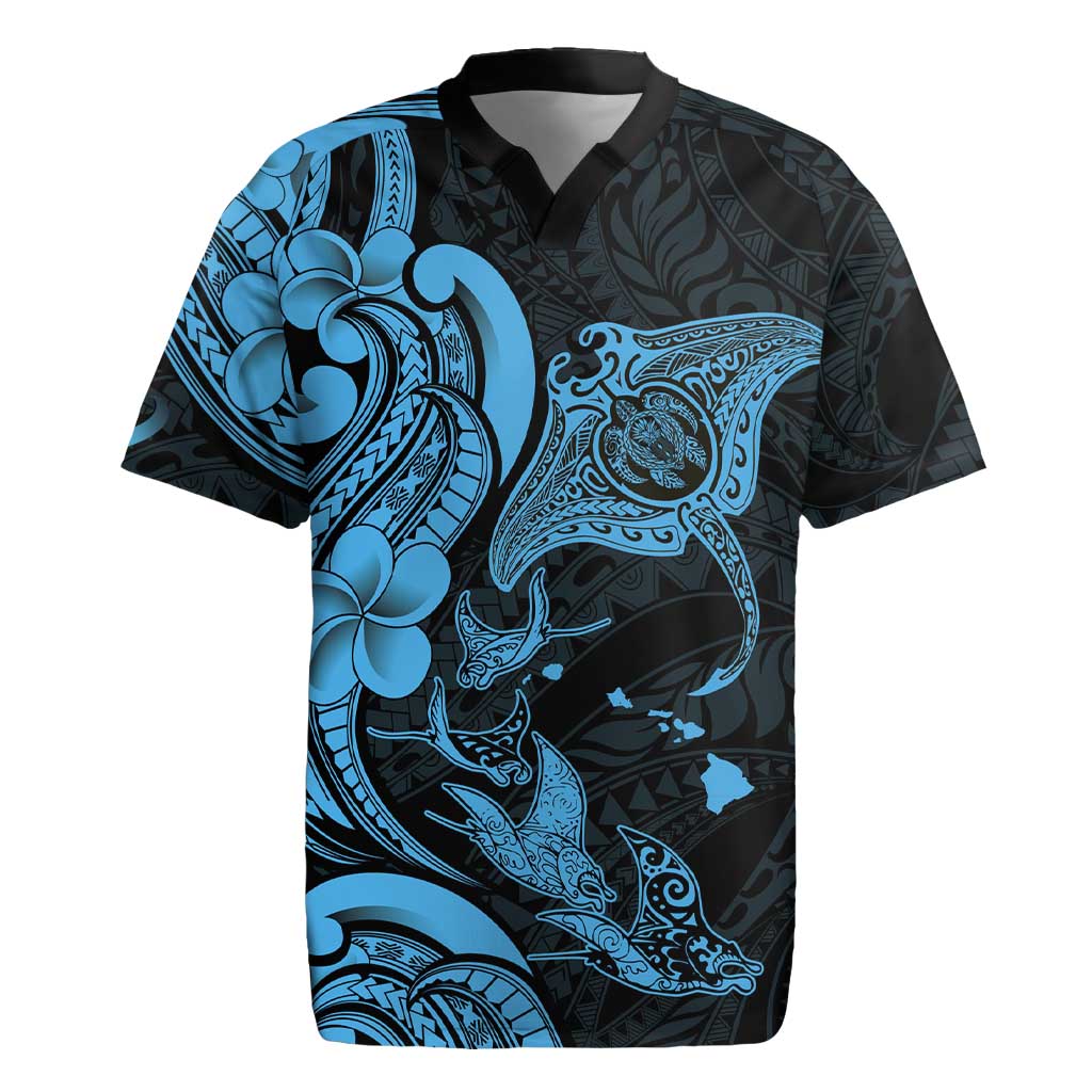 Hawaiian Manta Rays Rugby Jersey Tribal Hibiscus Polynesian Tattoos Blue Color - Polynesian Pride