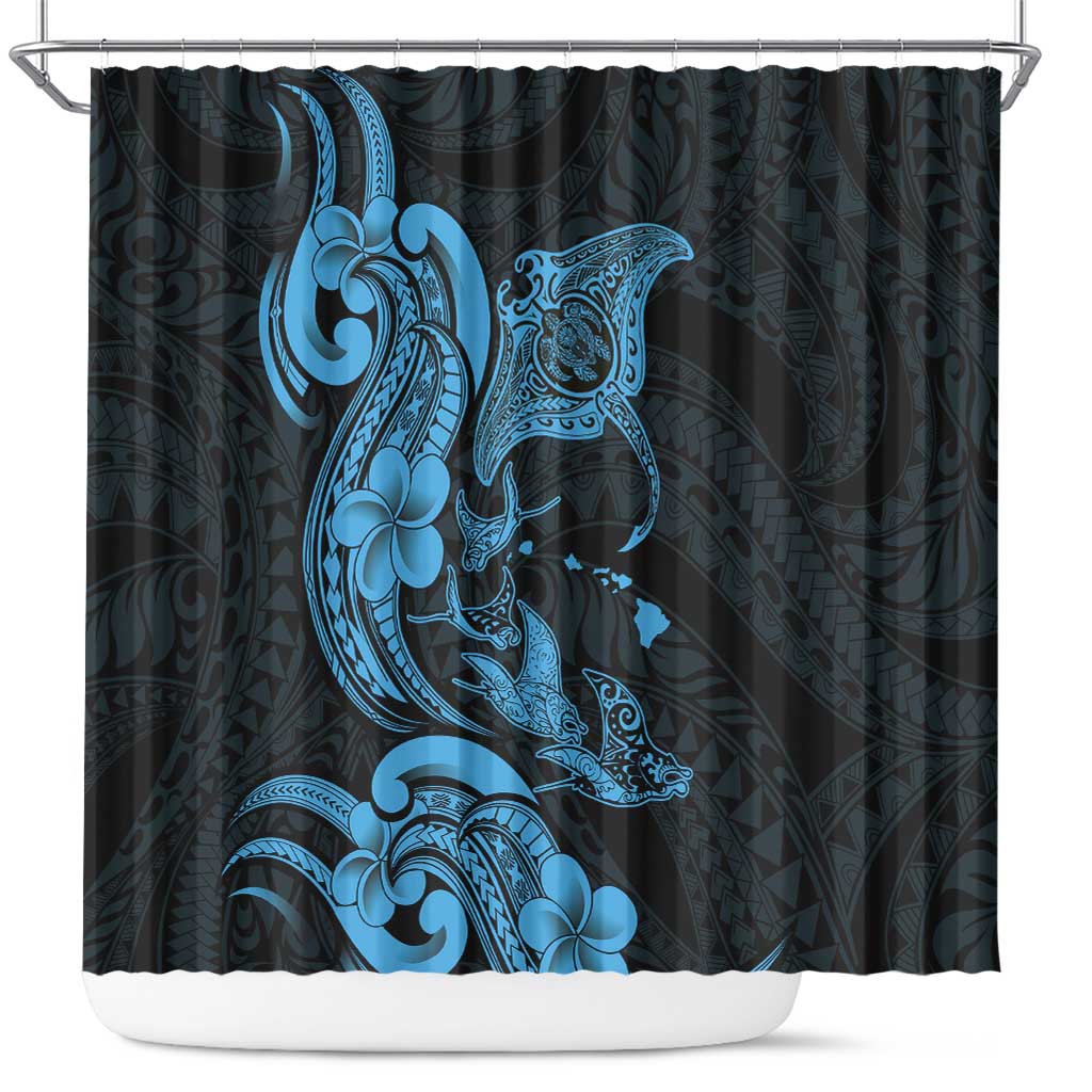 Hawaiian Manta Rays Shower Curtain Tribal Hibiscus Polynesian Tattoos Blue Color LT03 Blue - Polynesian Pride
