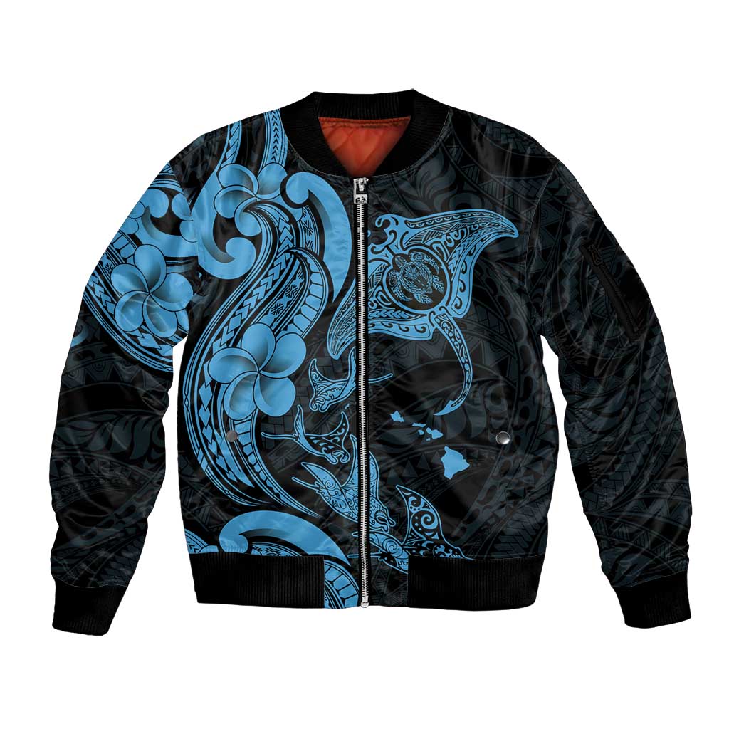 Hawaiian Manta Rays Sleeve Zip Bomber Jacket Tribal Hibiscus Polynesian Tattoos Blue Color LT03 Unisex Blue - Polynesian Pride