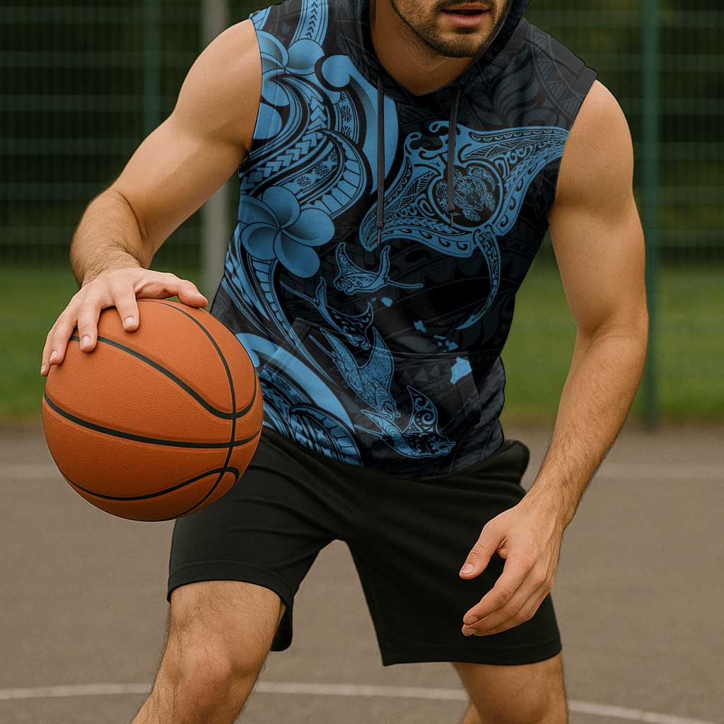 Hawaiian Manta Rays Sleeveless Hoodie Tribal Hibiscus Polynesian Tattoos Blue Color - Polynesian Pride