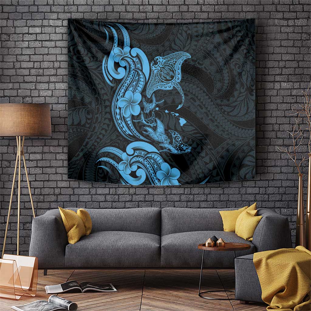 Hawaiian Manta Rays Tapestry Tribal Hibiscus Polynesian Tattoos Blue Color LT03 Blue - Polynesian Pride