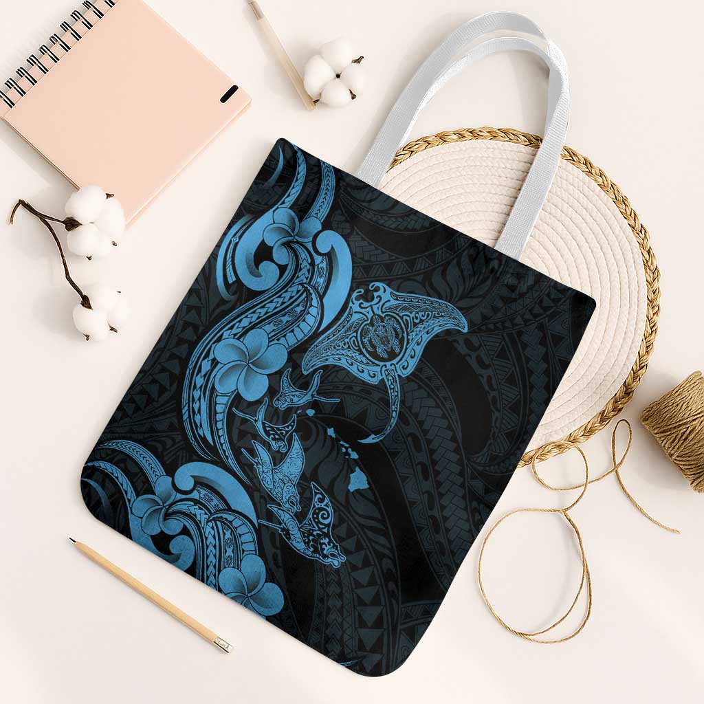 Hawaiian Manta Rays Tote Bag Tribal Hibiscus Polynesian Tattoos Blue Color - Polynesian Pride