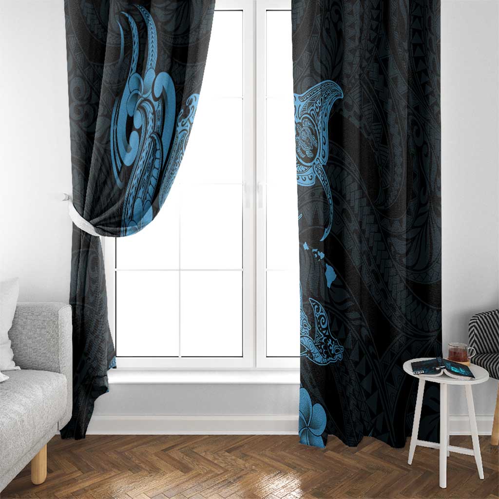 Hawaiian Manta Rays Window Curtain Tribal Hibiscus Polynesian Tattoos Blue Color - Polynesian Pride
