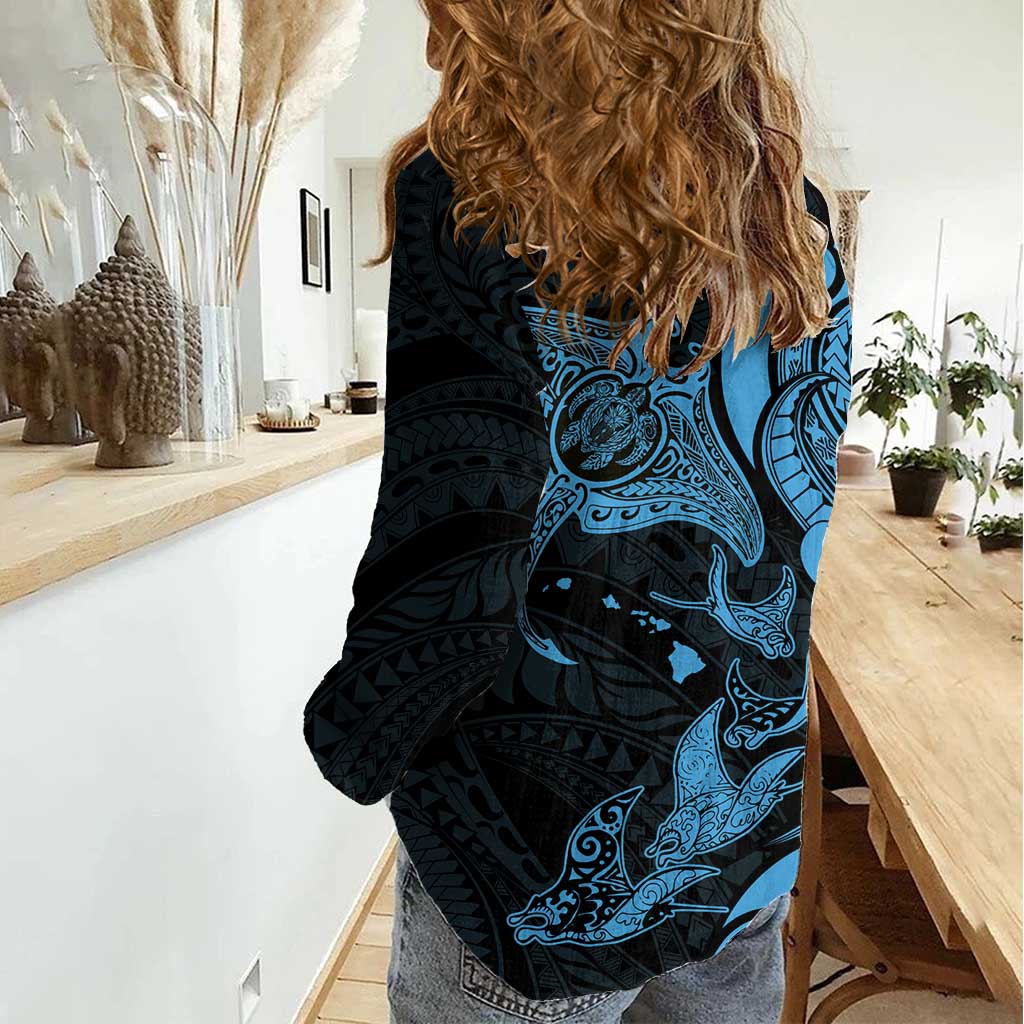 Hawaiian Manta Rays Women Casual Shirt Tribal Hibiscus Polynesian Tattoos Blue Color - Polynesian Pride