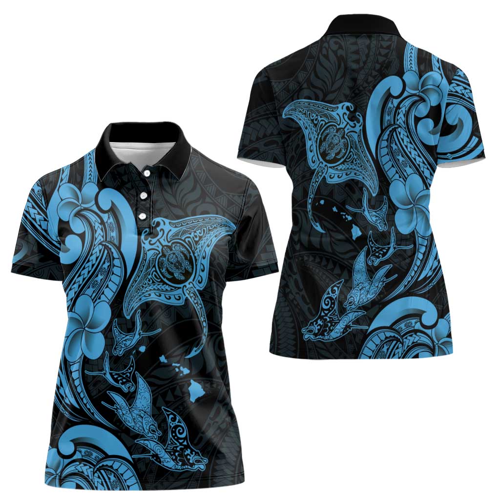 Hawaiian Manta Rays Women Polo Shirt Tribal Hibiscus Polynesian Tattoos Blue Color - Polynesian Pride