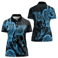 Hawaiian Manta Rays Women Polo Shirt Tribal Hibiscus Polynesian Tattoos Blue Color - Polynesian Pride