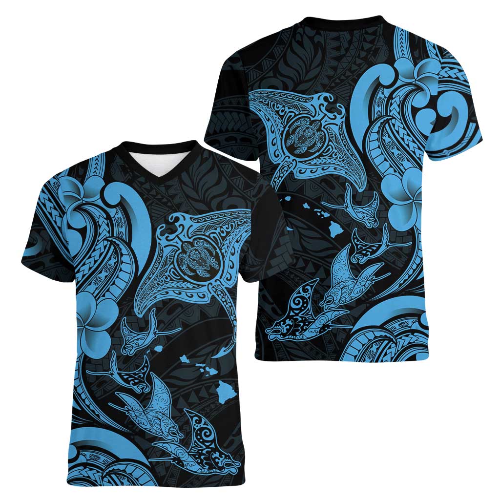 Hawaiian Manta Rays Women V-Neck T-Shirt Tribal Hibiscus Polynesian Tattoos Blue Color LT03 - Polynesian Pride