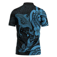 Hawaiian Manta Rays Zipper Polo Shirt Tribal Hibiscus Polynesian Tattoos Blue Color - Polynesian Pride