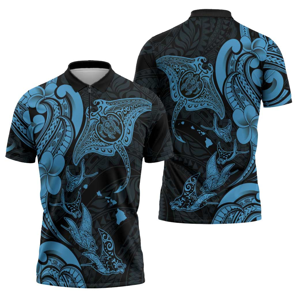 Hawaiian Manta Rays Zipper Polo Shirt Tribal Hibiscus Polynesian Tattoos Blue Color - Polynesian Pride