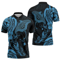 Hawaiian Manta Rays Zipper Polo Shirt Tribal Hibiscus Polynesian Tattoos Blue Color - Polynesian Pride
