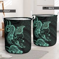 Hawaiian Manta Rays Laundry Basket Tribal Hibiscus Polynesian Tattoos Turquoise Color LT03 - Polynesian Pride