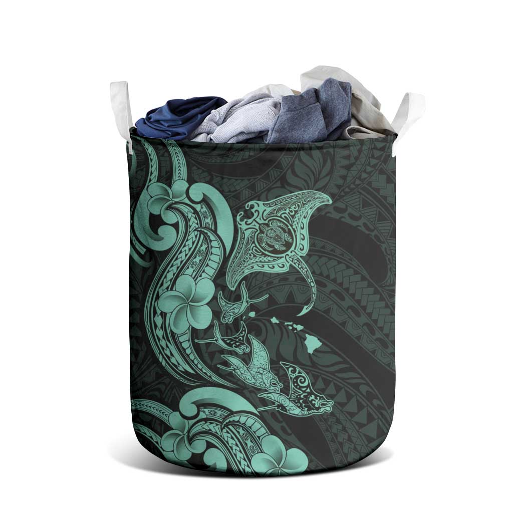 Hawaiian Manta Rays Laundry Basket Tribal Hibiscus Polynesian Tattoos Turquoise Color LT03 - Polynesian Pride