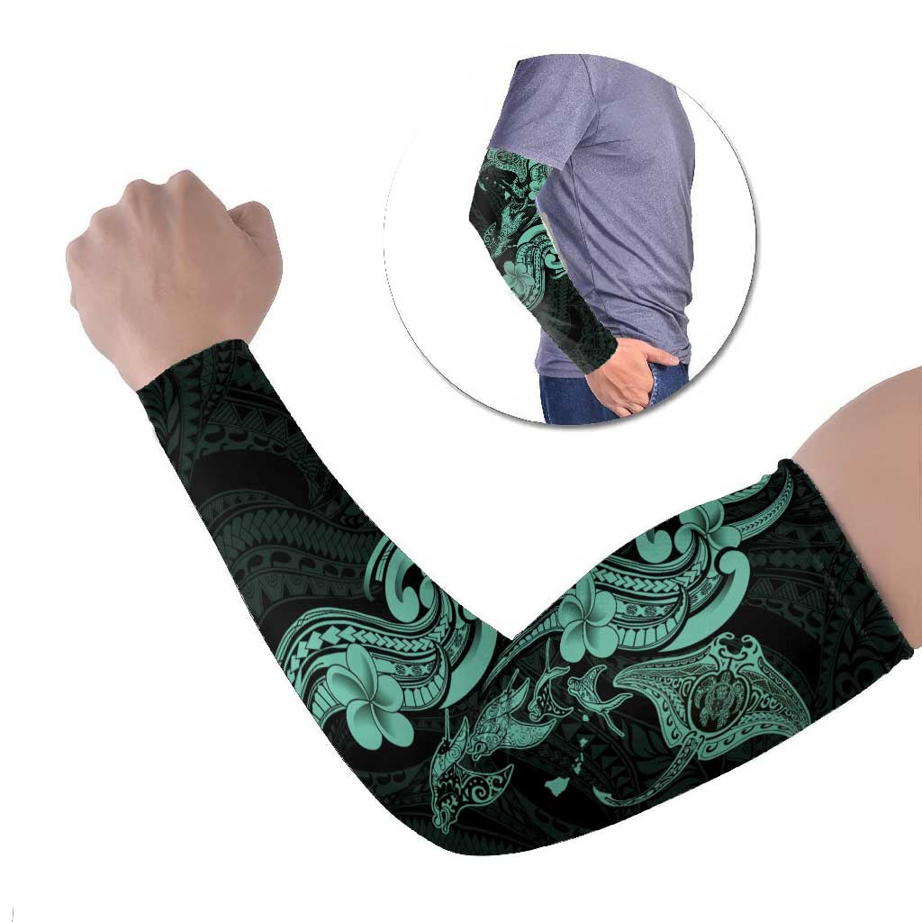 Hawaiian Manta Rays Arm Sleeves Tribal Hibiscus Polynesian Tattoos Turquoise Color LT03 Set of 2 Turquoise - Polynesian Pride